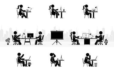 Çubuk figürlü ofis çalışanları iş yerindeki yan görünüm silueti resim ikonu vektör setinde oturuyorlar. Çubuk adam ve kadın çalışan şehir manzarası üzerine modern konferans salonunda çalışıyor.