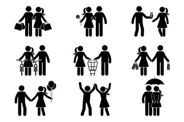 Çubuk adam, kadın, erkek, kadın, erkek, kız, erkek, kadın birlikte zaman geçiriyorlar. Alışveriş, flört, hediye vermek, bisiklete binmek, balonlarla dikilmek, dans etmek, şemsiye ikon vektör piktogramının altında saklanmak.