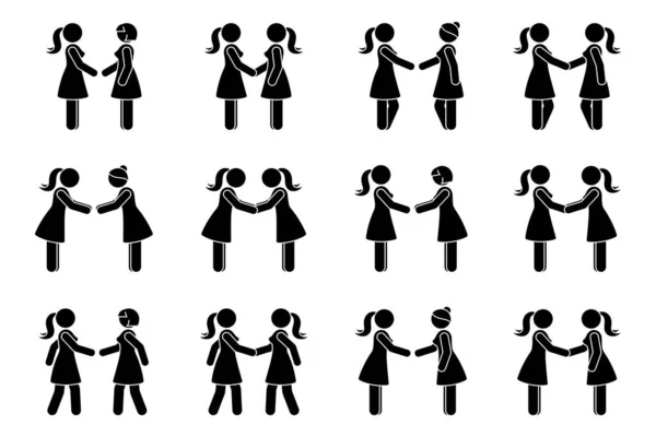 握手棒形象女子侧观摆姿势矢量图集 将女性商业伙伴贴在白纸上的交易协议剪贴图上 — 图库矢量图片