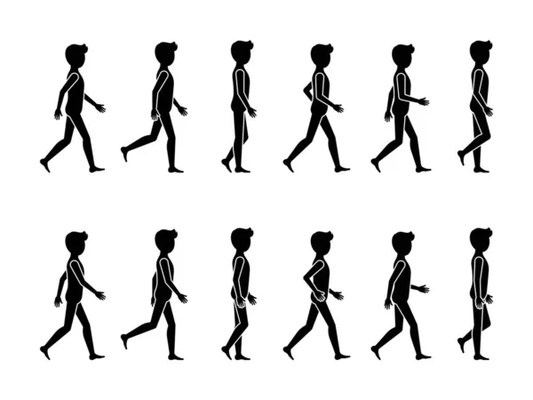 Marcher Homme Séquence Mouvements Vectoriel Icône Pictogramme Ensemble Stick Figure — Image vectorielle