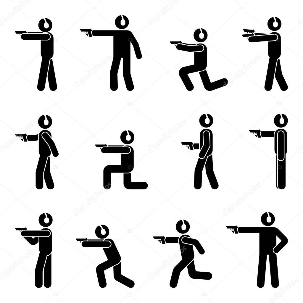 Stick Figure shooter man with gun and ear protection various  poses vector icon illustration set. Stickman making shot, training shooting with shotgun, weapon pictogram on white