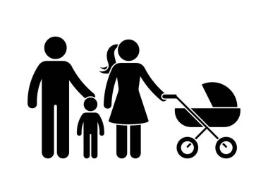 Genç çubuk figürü aile ön görüş vektör resimleme seti. Baba, oğul, anne ve puset stickman silueti beyaz arka planda resim.