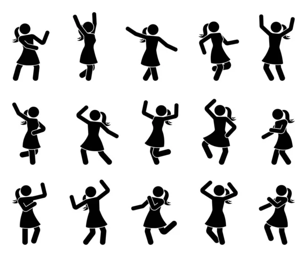 ハッピースティックフィギュアの女性が異なるポーズベクトルアイコンセットを手踊り スティックマン女の子楽しみます ジャンプ 楽しいを持っています パーティーシルエットピクトグラム上の白い背景 — ストックベクタ