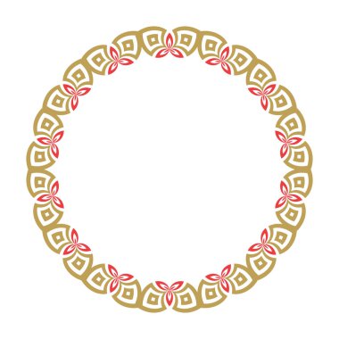 Beyaz arka planda süslü altın ve kırmızı daire şeklinde çiçek çerçevesi. Vektör illüstrasyonu.