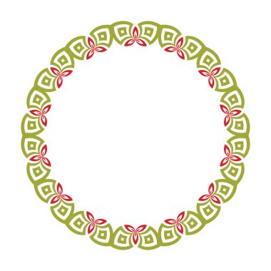 Beyaz arkaplanda yeşil ve kırmızı daire şeklinde bir çiçek çerçevesi. Vektör illüstrasyonu.