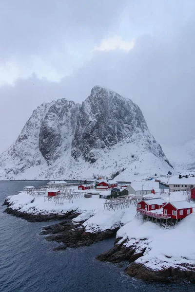 Paesaggio Delle Isole Lofoten Norvegia Con Tradizionali Capanne Legno Rosso — Foto Stock