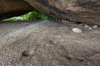 Küçük bir mağarada tarih öncesinden kalma bardak izleri. Los Barruecos 'un Doğal Alanı. İspanya.
