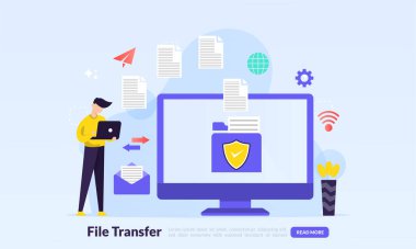 dosya aktarım konsepti, ekranda dizinleri ve aktarılmış belgeleri olan aygıtlar arasında dosya paylaşımı, yedekleme dosyaları, düz simge, web iniş sayfası, pankart, vektör şablonu için uygun