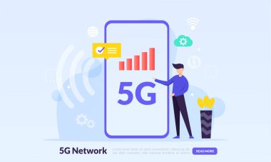 5G mobil ağ konsepti, geniş bant telekomünikasyon kablosuz internet, Global ağ yüksek hız yenilikçiliği bağlantı veri oranı teknolojisi, düz simge, web iniş sayfası, pankart, vektör için uygun