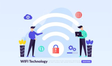 Kablosuz teknoloji elektronik cihazlar İnternet erişimi ve internet, düz simge, web iniş sayfası, pankart, vektör şablonu için uygun halka açık WiFi bağlantı noktası