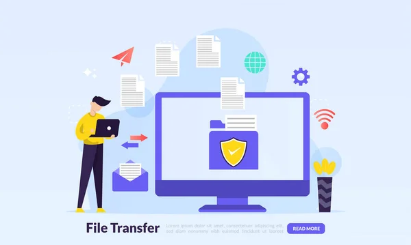 dosya aktarım konsepti, ekranda dizinleri ve aktarılmış belgeleri olan aygıtlar arasında dosya paylaşımı, yedekleme dosyaları, düz simge, web iniş sayfası, pankart, vektör şablonu için uygun