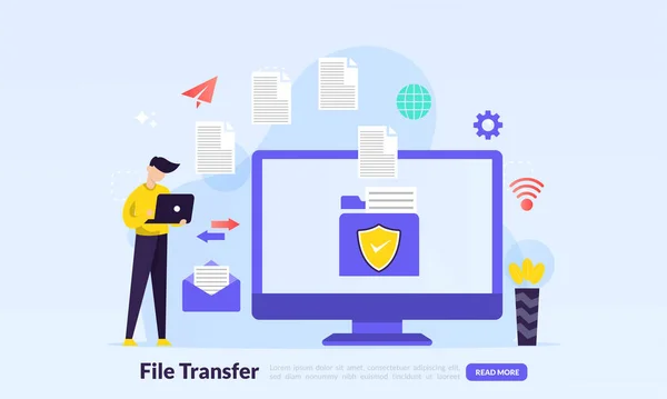Fájl Átviteli Koncepció Fájlok Megosztása Eszközök Között Mappák Képernyőn Átadott — Stock Vector