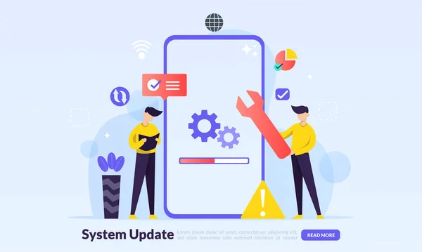 Sistem Güncelleme Geliştirme Yeni Sürüm Değiştir yazılımı. Güncelleme süreci, yükseltme programı, veri ağı kurulumu, düz simge, web iniş sayfası, pankart, vektör şablonu için uygun