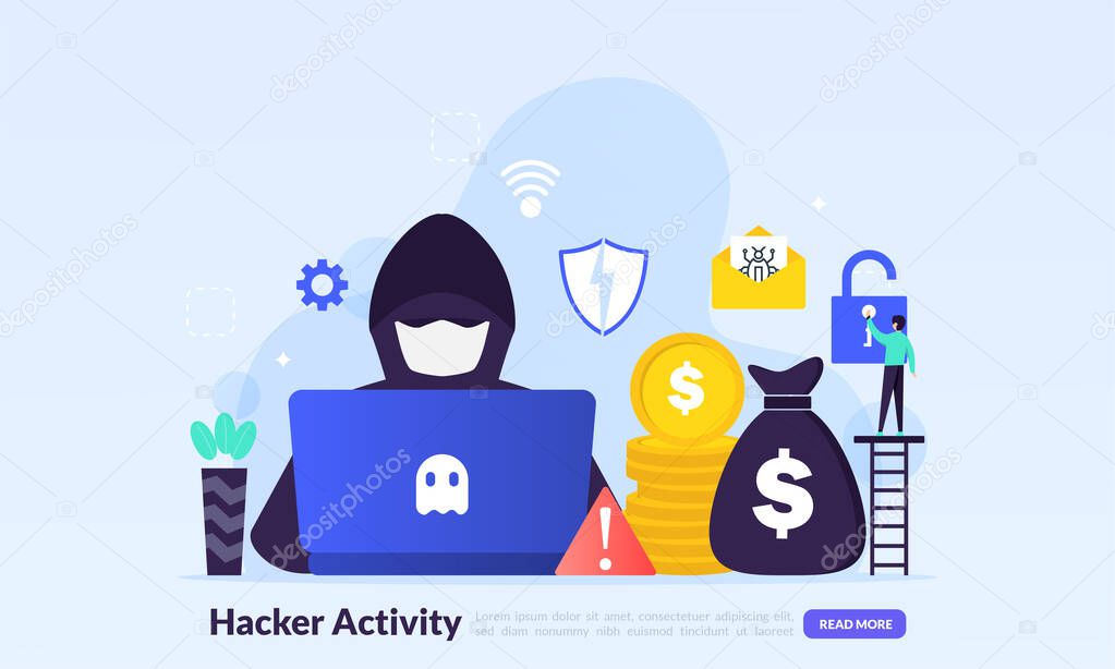 Hacker activity concept, security hacking, online theft, criminals, burglars wearing black masks, stealing personal information from computer, flat icon,suitable for web landing page, banner, vector