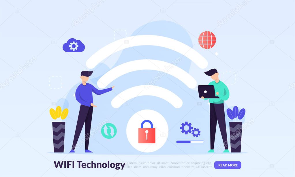 Wireless technology electronic devices internet access and connection to public WiFi hotspot to access internet, flat icon,suitable for web landing page, banner, vector template
