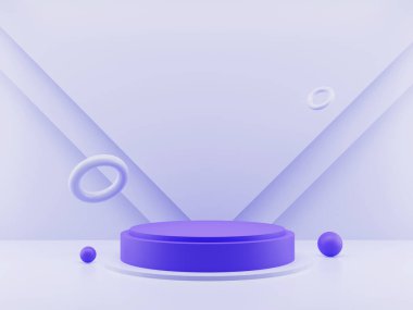 Mor zemin üzerinde 3D minimalist ürün görüntüleme veya podyum, ürün sunumu için ekran standı modelleme