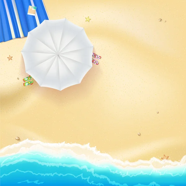 Пляж, песок, морские волны и зонтик от солнца — стоковый вектор