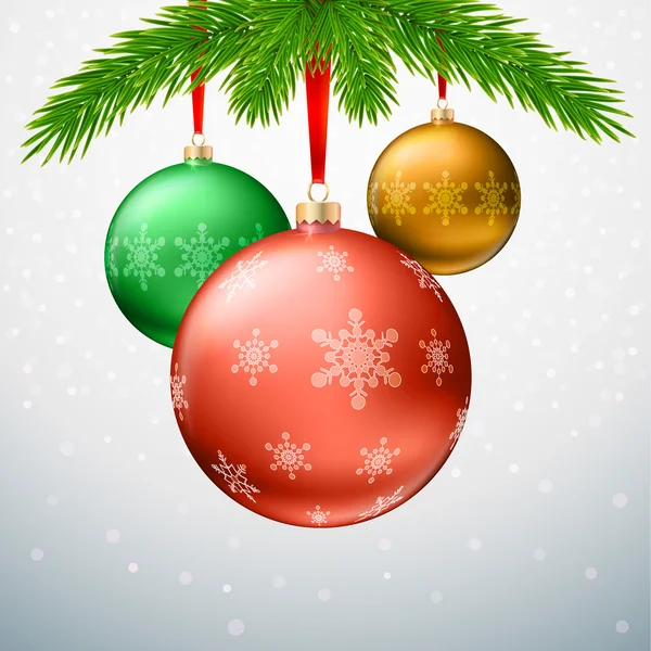 Tarjeta de felicitación con bolas de Navidad, ramas de abeto y copos de nieve — Vector de stock