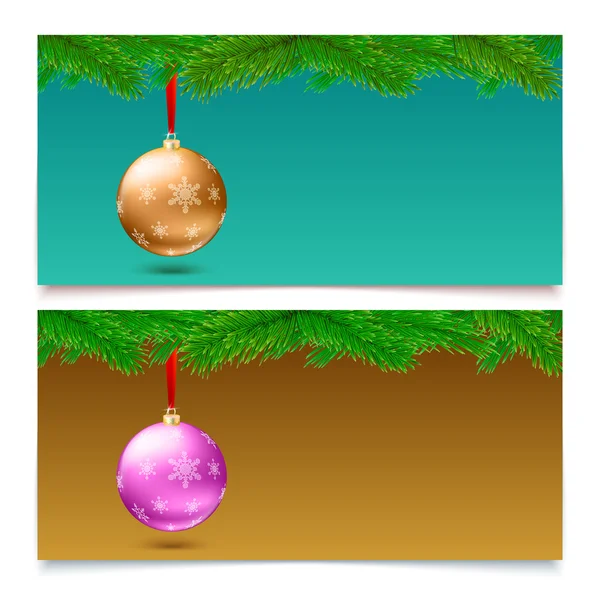 Horisontella jul banners. FIR tree grenar med ljusa bollar. — Stock vektor