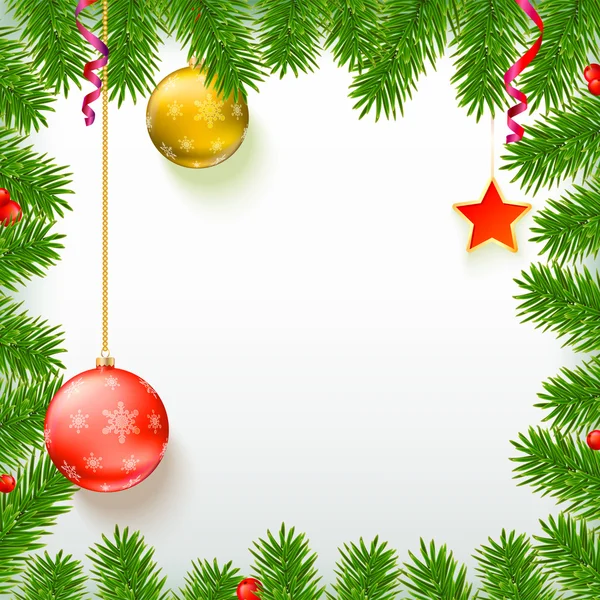 Fondo de Navidad con ramas de abeto, bayas rojas, bolas de Año Nuevo — Vector de stock