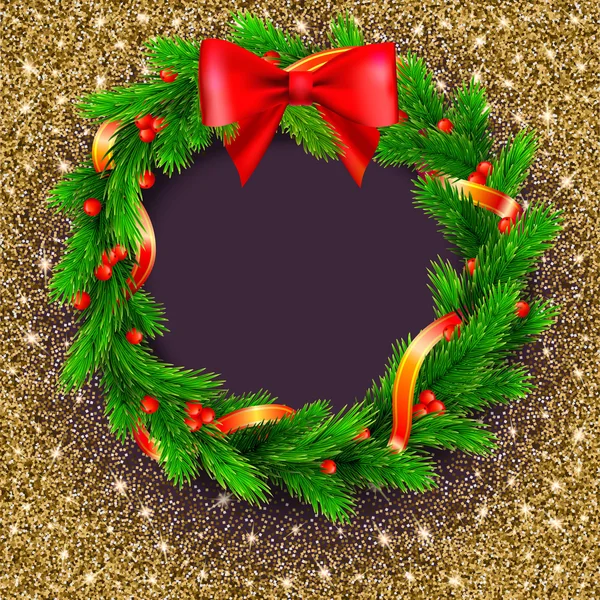 Corona de Navidad, ramas de abeto, bayas rojas y lazo, cinta dorada — Vector de stock