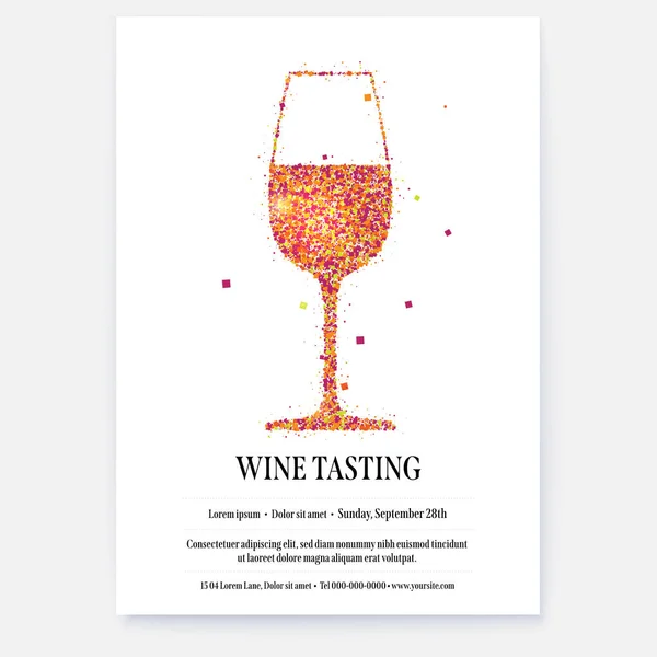 Şarap tatma etkinlikleri için yazı dizaynı olan bir poster. Cam şeklindeki parlak renkli parçacıklar. Şarap kadehinin silueti. Vektör şablonu. — Stok Vektör