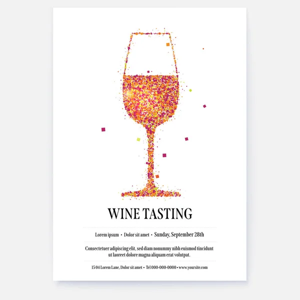 Poster for wine tasting events with design of text. Color glittering particles in glass shape. Silhouette of wine glass. Vector template. — Stock Vector