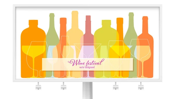 Billboard for wine festival. Outline wine bottles and glasses. Silhouettes in overprint style. Vector template — Stock Vector