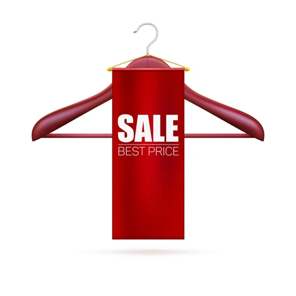 Sale, best price. Red advertising banner is hanging on hanger for clothes. Vector 3d illustration. — Stock Vector