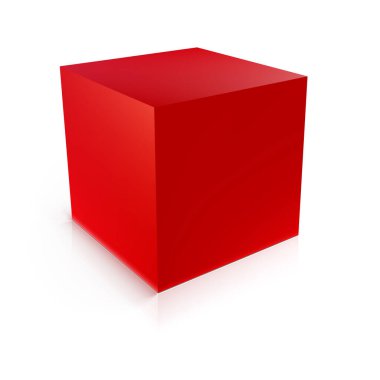 Kırmızı küp. Geometrik simge beyaz arkaplanda izole edildi. İstikrarın sembolü. Vektör 3d illüstrasyon.