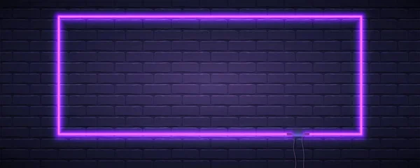 Parede de tijolo iluminada por lâmpada de néon de cor violeta. Lâmpada de néon em forma de retângulo. Modelo de vetor, ilustração 3d — Vetor de Stock