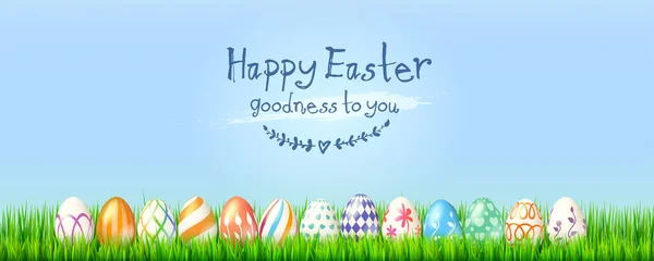 Greetings banner for Easter holidays. Easter eggs with patterns in green grass. Vector 3d illustration