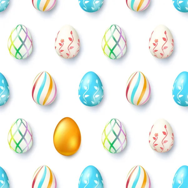 Adorno de Pascua de huevos pintados y un oro. Símbolo único. Patrón sin costuras. Ilustración vectorial 3d. — Vector de stock