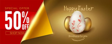 Paskalya indirimi. Altın arka planda Paskalya yumurtaları. El yazısıyla karşılama mesajı. Vektör 3d illüstrasyon