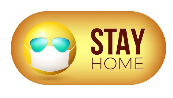 Reste à la maison. emoji jaune en masque facial et lunettes de soleil. Modèle de badge pour l'article et les sites Web. Illustration vectorielle 3d — Image vectorielle