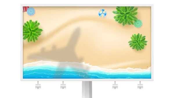 Stín letadla pod tropickou pláží. Billboard s palmami a mořem. Pohled shora dolů. Plochý tvůrčí vektor 3D ilustrace — Stockový vektor