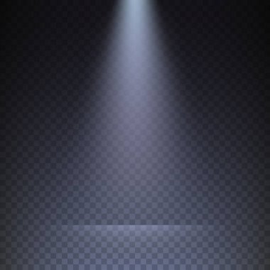 Şeffaf kareli arkaplanda ışık huzmeleri. İşaretli arkaplanda izole edilmiş projektör ışını şablonu. Vektör illüstrasyonu.