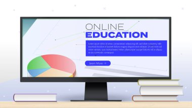 Online eğitim. Canlı webinarlar ya da antrenmanlar için pankart. Masada kitap olan bilgisayar monitörü. Çevrimiçi kurslar için kavram. Vektör 3 boyutlu illüstrasyon