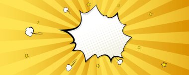 Konuşma baloncuğu patlaması. Işınlar ve yarım ton efektli vektör sarı çizgi film arkaplanı.