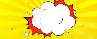 Çizgi roman tarzında bir geçmiş. Konuşma balonu, patlama izleri, bulutlar ve yıldızlar. Vektör illüstrasyonu.