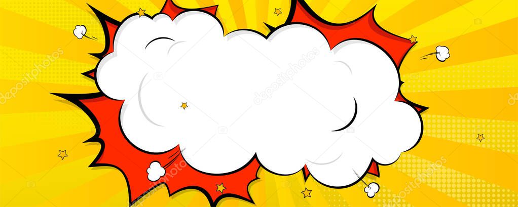 Background in cartoon comics book style. Speech bubble, trace of exploding, clouds and stars. Vector illustration with place for text.