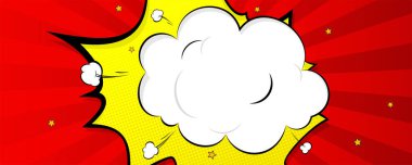 Çizgi roman tarzında klasik bir arka plan. Konuşma balonu yıldızlar ve bulutlarla dolup taşıyor. Vektör pop sanat arka planı