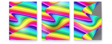 Psikedelik desenli soyut posterler. Gökkuşağı renginde renkli çizgiler. Optik illüzyonla kaplı. Vektör illüstrasyonu