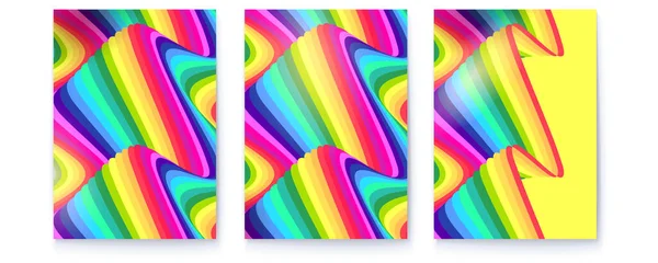 Conjunto de capas com padrão abstrato. Ilusão óptica psicadélica. Linhas abstratas em cores arco-íris. Ilustração vetorial 3d — Vetor de Stock