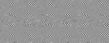 Optik yanılsama. Siyah ve beyaz çizgilerden soyut desenler. Yarı ton etkisi. Dalgalı çizgileri olan bir arka plan. Vektör illüstrasyonu