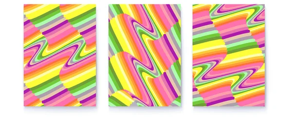 Conjunto de carteles abstractos. Cubiertas con patrones ondulados psicodélicos. Ilusión óptica de líneas coloridas. Ilustración vectorial 3d. — Archivo Imágenes Vectoriales