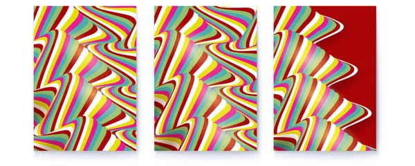 En uppsättning psykedeliska affischer. Mönster från färgglada ränder. Optisk illusion från smala linjer. Vektor 3d illustration — Stock vektor