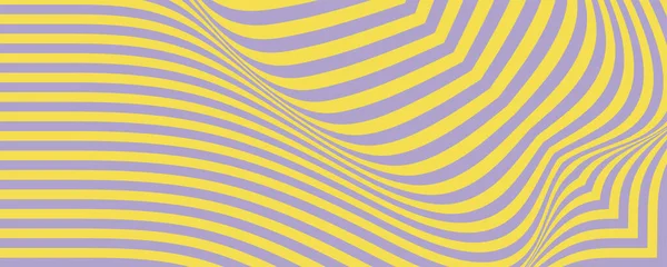 Patrón geométrico minimalista. Ilusión visual. Forma ondulada abstracta de líneas curvas violetas y amarillas. Patrón a rayas. Ilustración vectorial. — Vector de stock