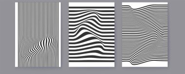 Siyah ve beyaz dalgalı çizgileri olan yerleşim yerleri. Yarı ton deseni. Soyut arkaplan. Çarpık duoton şekilleri. Vektör minimalist tasarım şablonu.