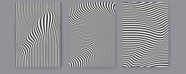 Dalgalı çizgileri olan örtüler. Posterlerdeki soyut minimalist kalıplar. Siyah ve beyaz desenli. Vektör 3d illüstrasyon.